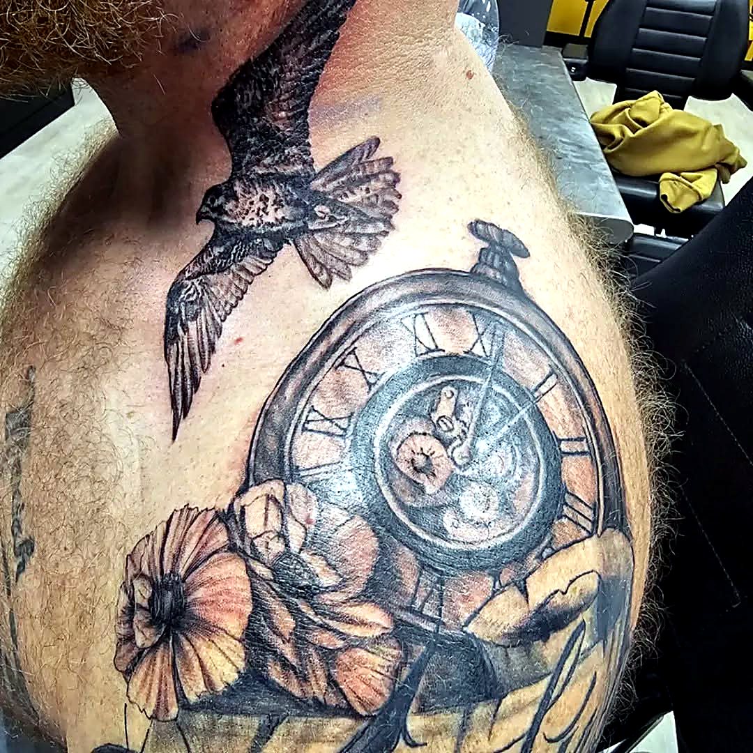 Pocket Watch & Florals tattoo — House of Jackalope, Mansfield OH