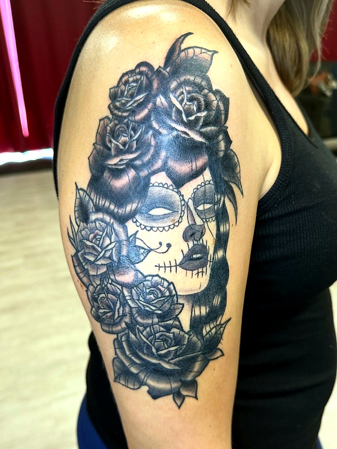 Sugar Skull & Roses tattoo — House of Jackalope, Mansfield OH