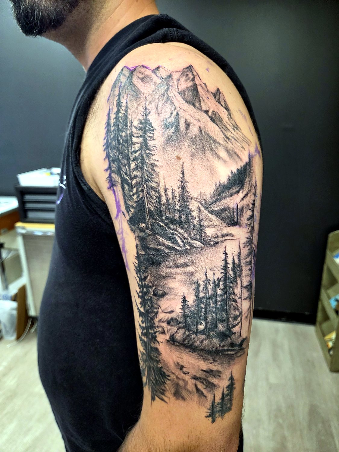 Mountain Sleeve tattoo — House of Jackalope, Mansfield OH