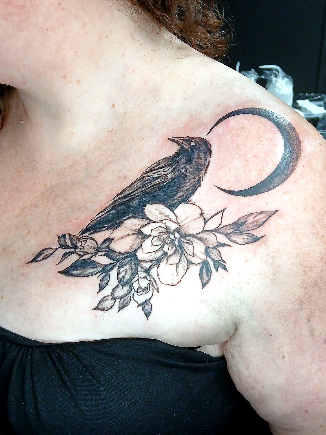 Raven & Florals tattoo — House of Jackalope, Mansfield OH